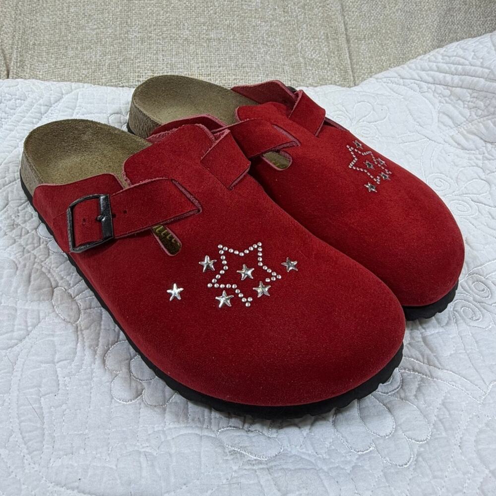 Papillio Birkenstock Women 9 Red Boston Clog Silver Star Embellished Shoes Rare